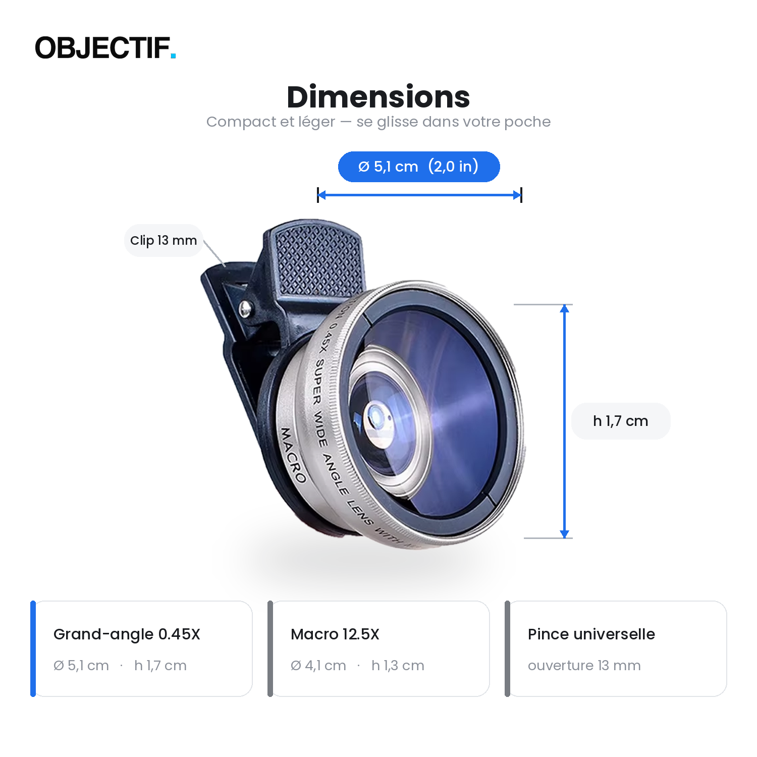 Lentille 2-en-1 macro + grand-angle pour smartphone — clip universel