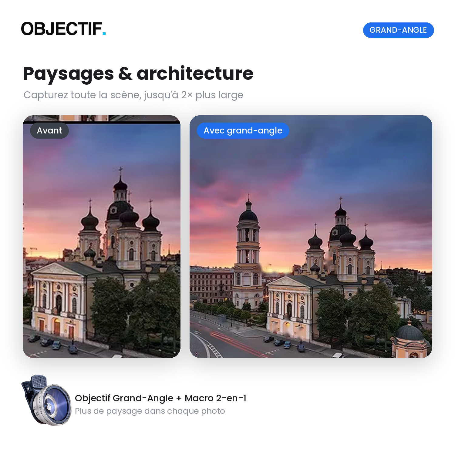 Lentille 2-en-1 macro + grand-angle pour smartphone — clip universel