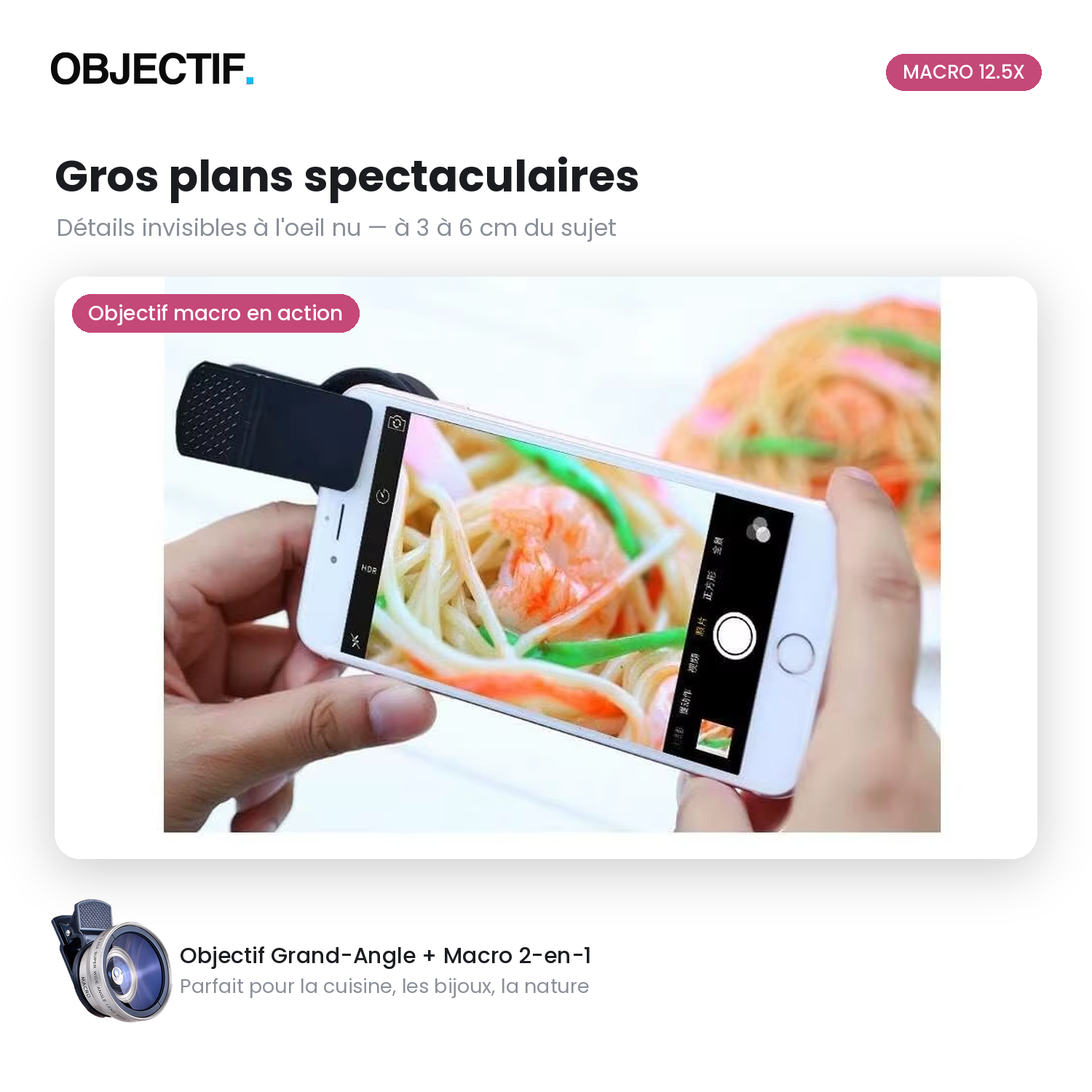Lentille 2-en-1 macro + grand-angle pour smartphone — clip universel