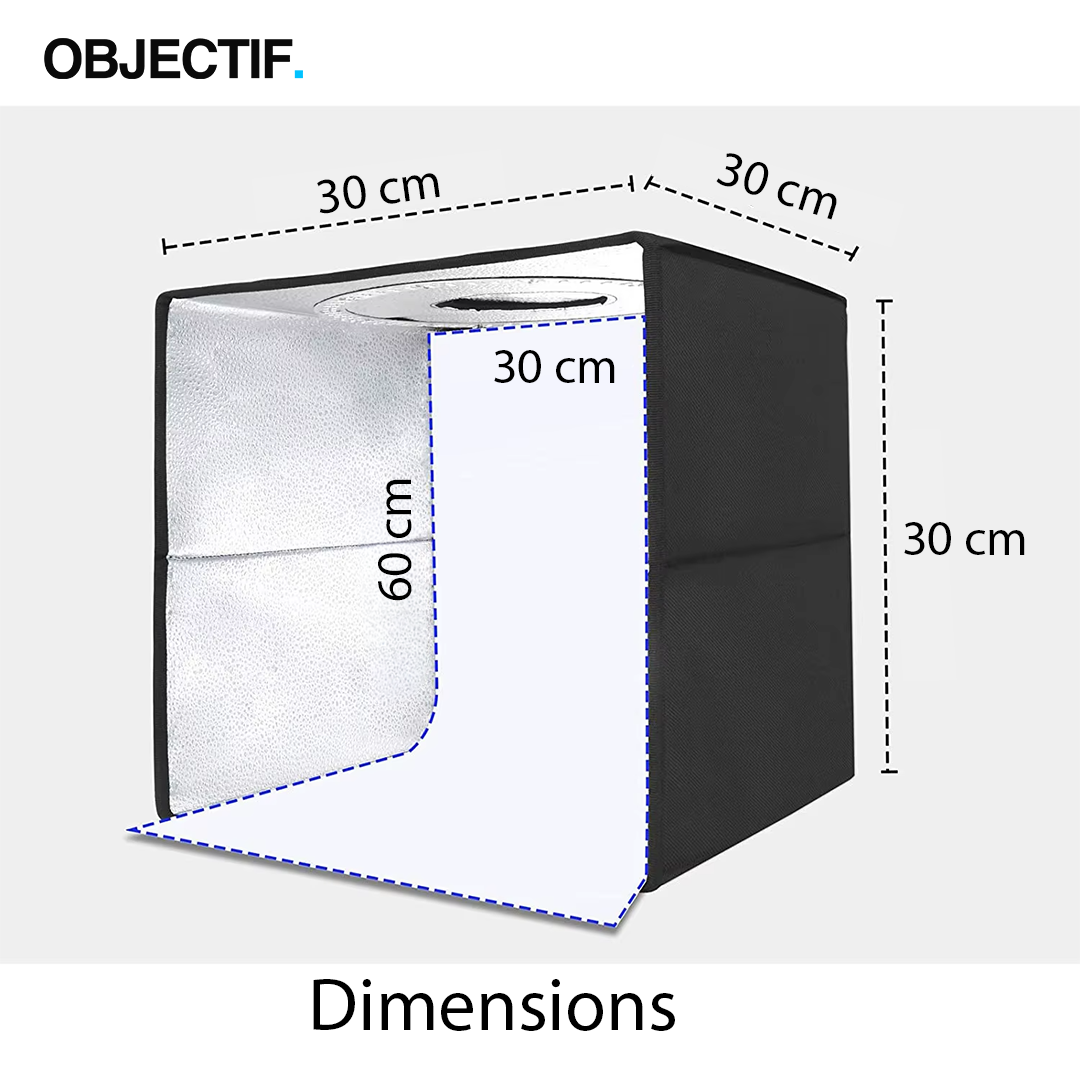 Box photo studio 30cm avec 120 LEDs — photos catalogue produits