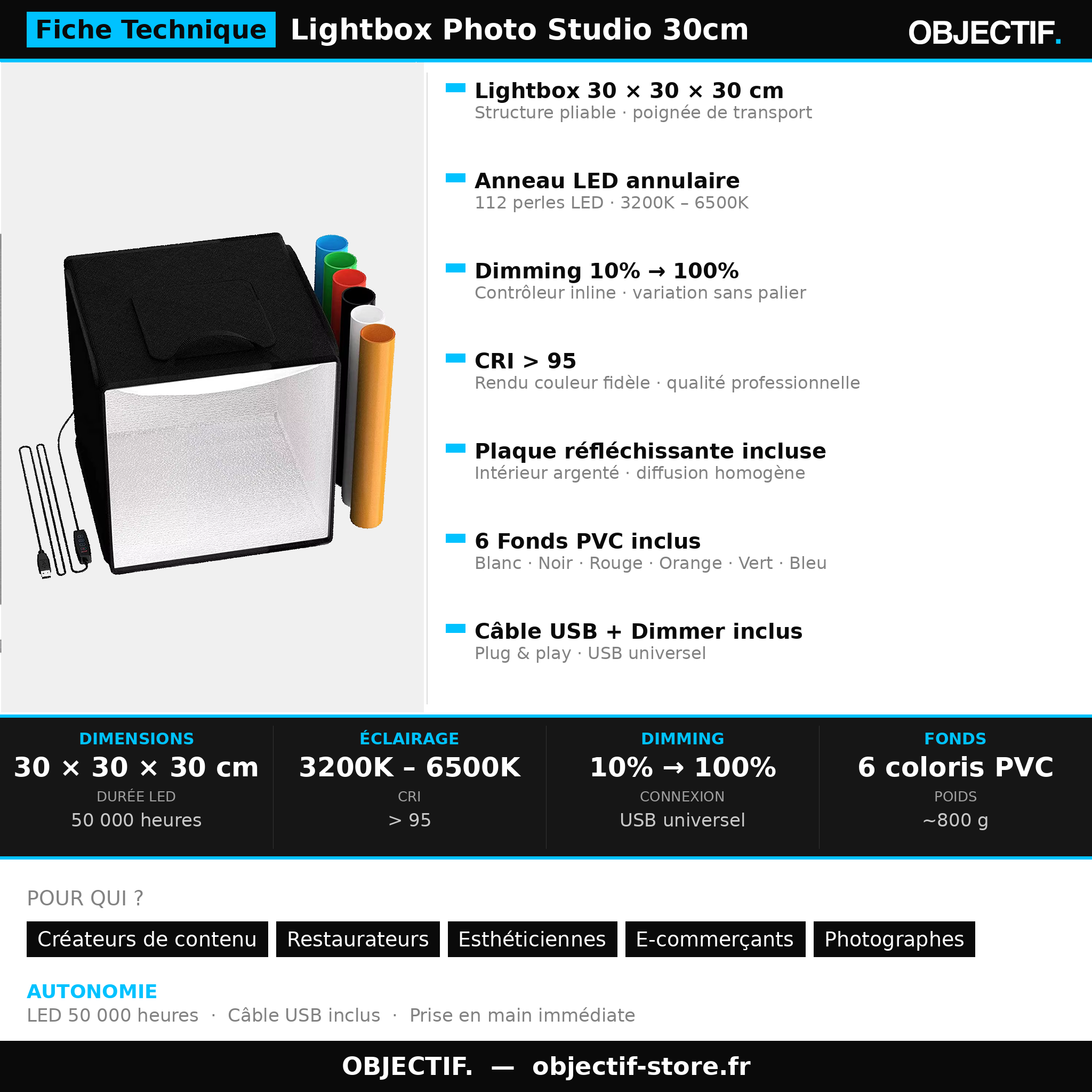 Box photo studio 30cm avec 120 LEDs — photos catalogue produits