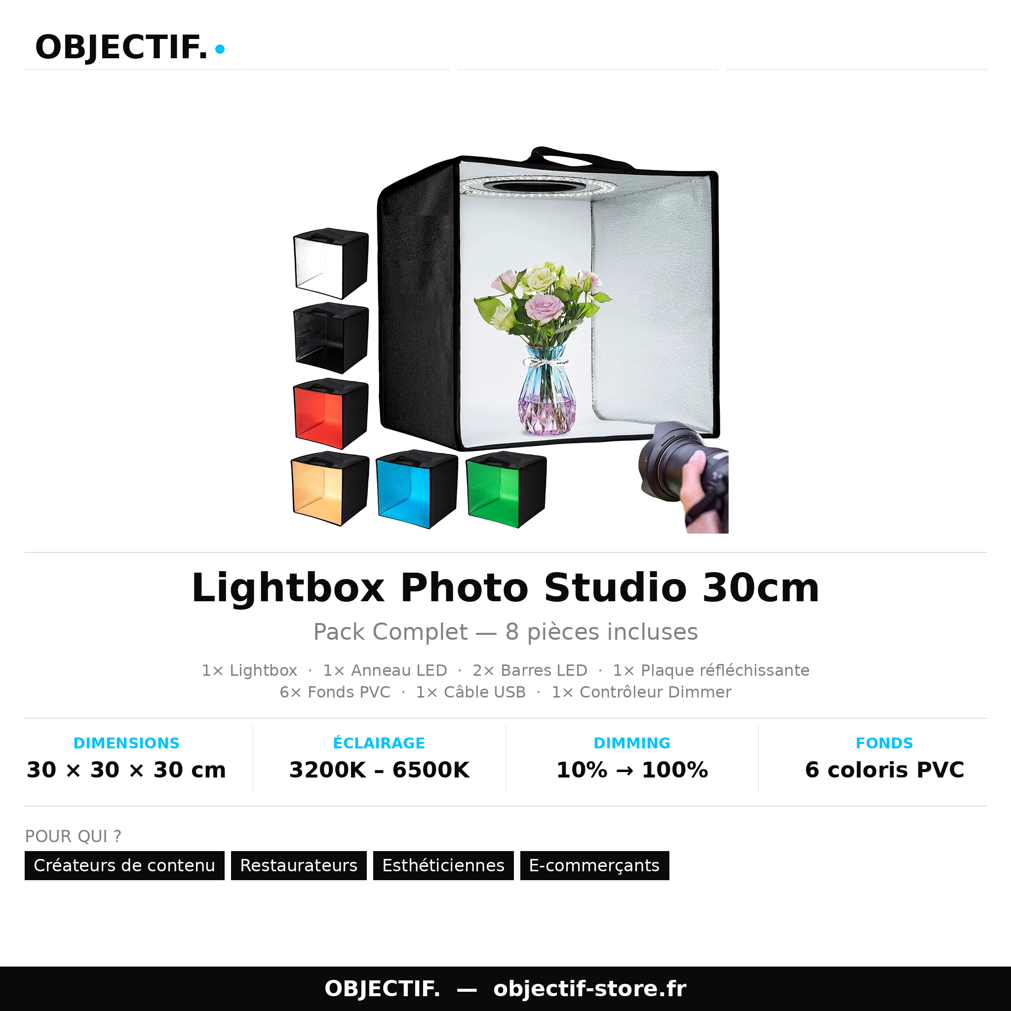 Box photo studio 30cm avec 120 LEDs — photos catalogue produits