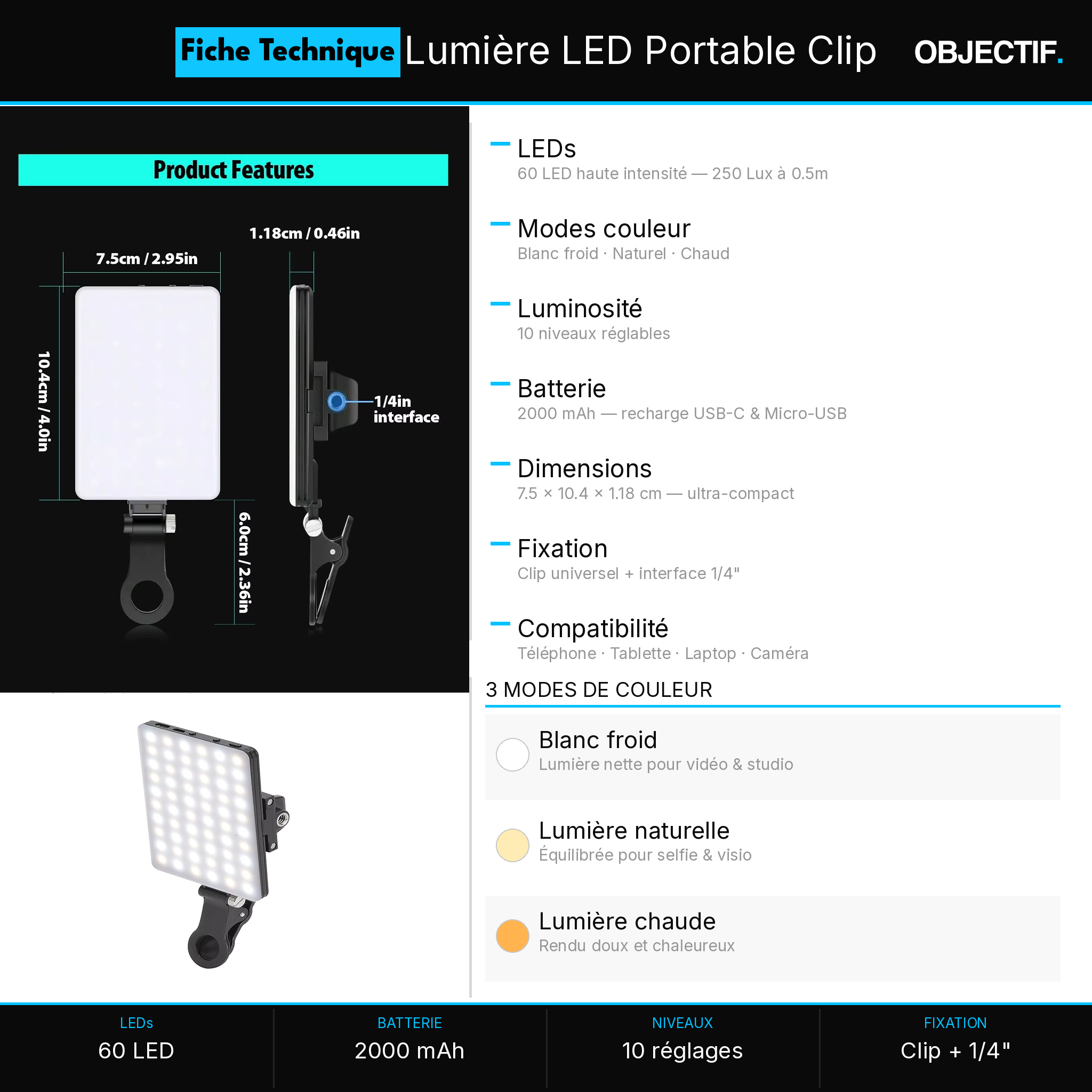 Lampe LED clip-on pour smartphone — éclairage portable cabine