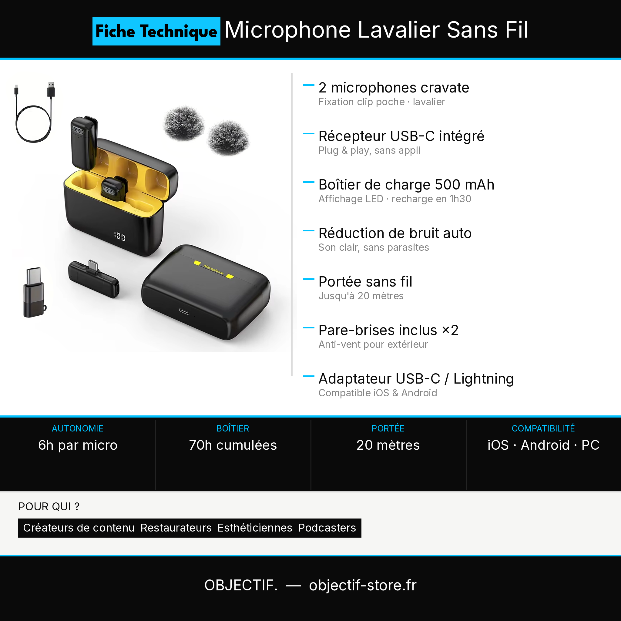 Micro-cravate sans fil pour smartphone — réduction de bruit + boîtier de charge