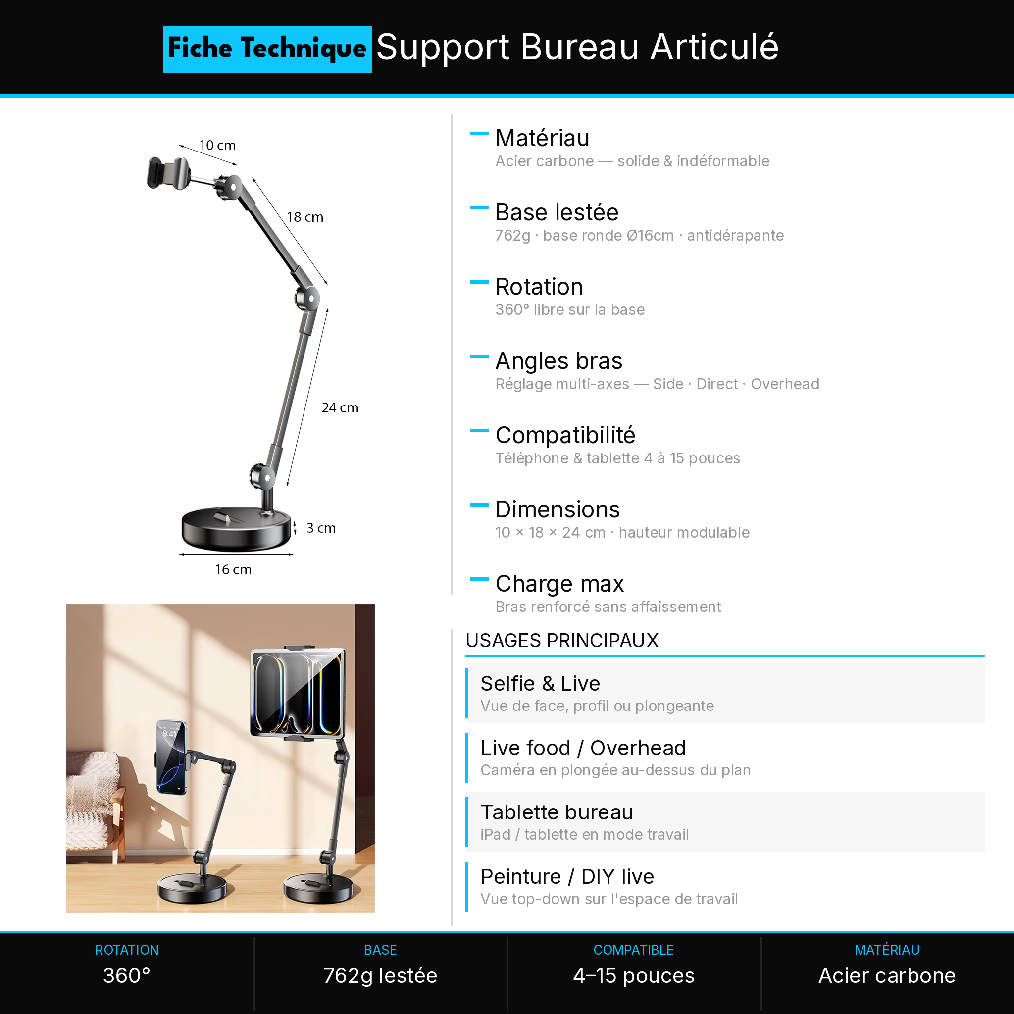 Bras support smartphone pour plongée — filmer en top-down