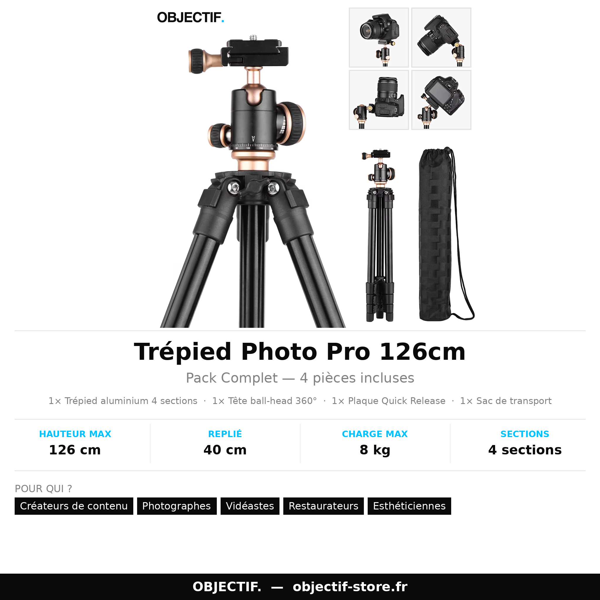 Trépied photo Q160SA — tête boule panoramique 360°